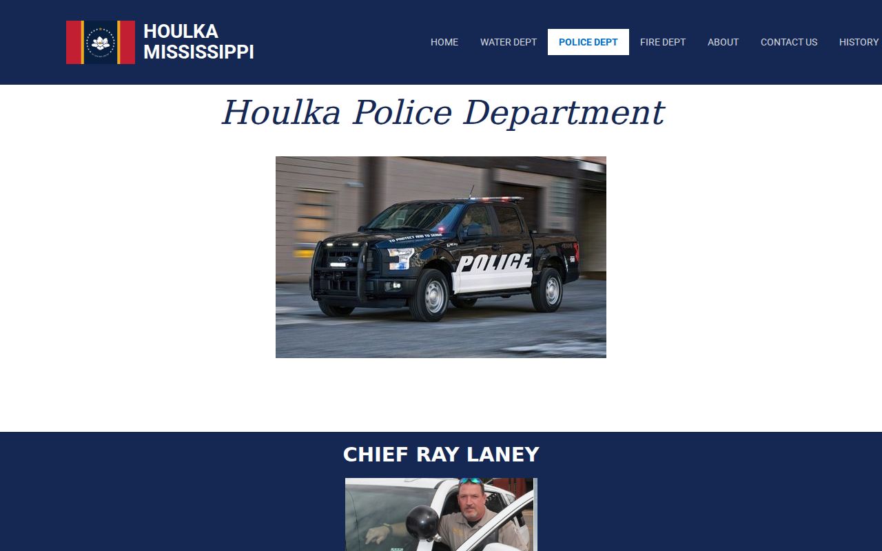 New Houlka Police Department page listing the Walker Street contact used for town warrant questions