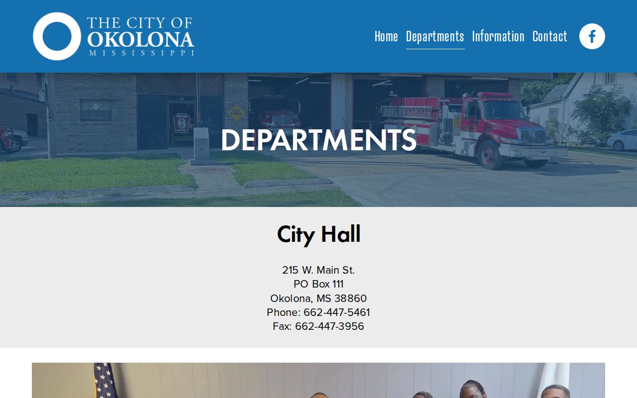 Okolona departments page listing police and City Hall contacts used for Chickasaw County warrant questions
