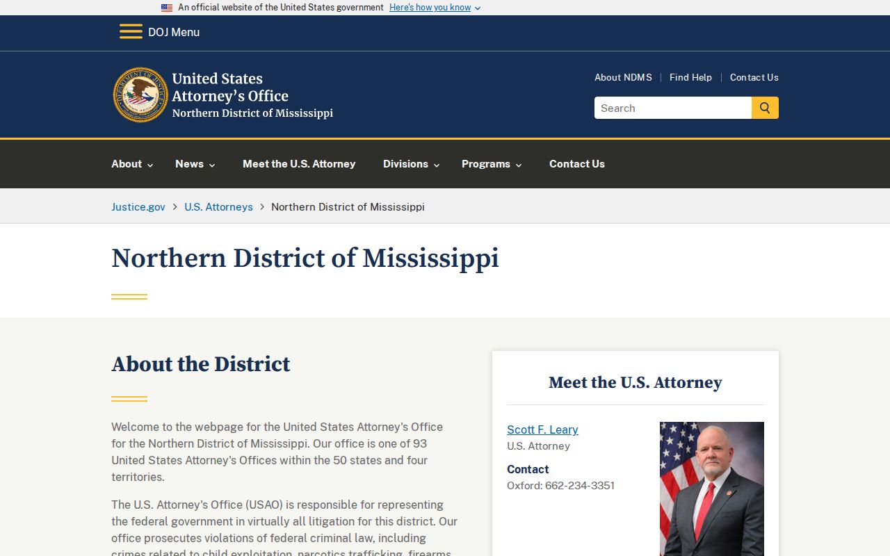 U.S. Attorney's Office Northern District of Mississippi page covering federal warrants near Chickasaw County