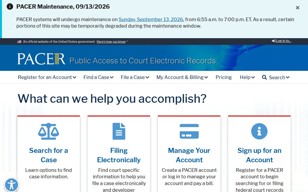PACER federal docket access page used for federal cases involving Chickasaw County residents