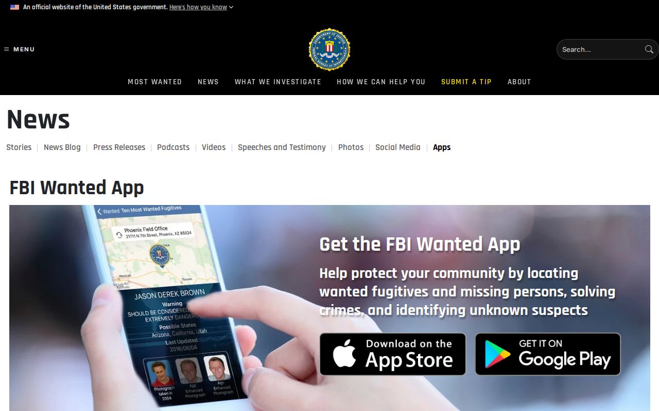 FBI Wanted program page, a federal resource rather than a Chickasaw County warrant list