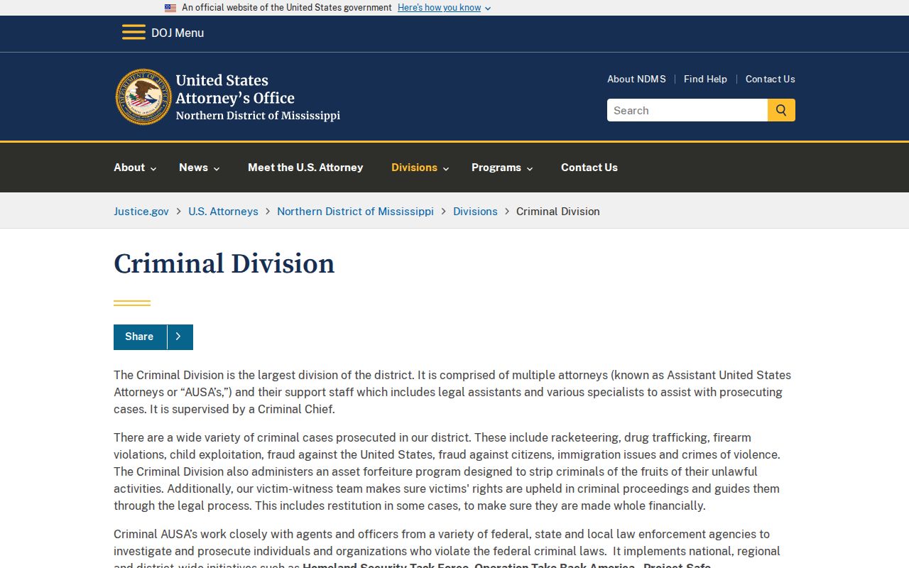 Northern District of Mississippi criminal division page explaining federal arrest warrant process near Chickasaw County