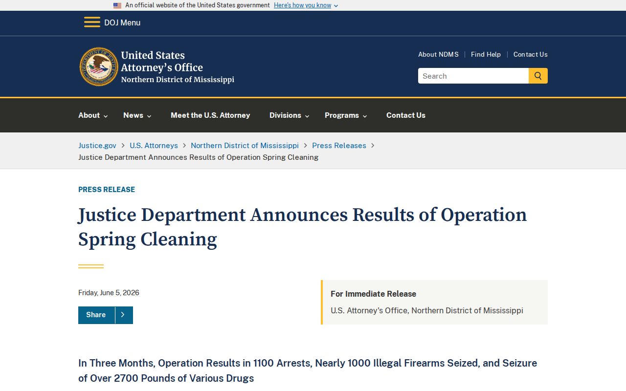 Federal enforcement announcement page, statewide context rather than a Chickasaw County warrant roundup