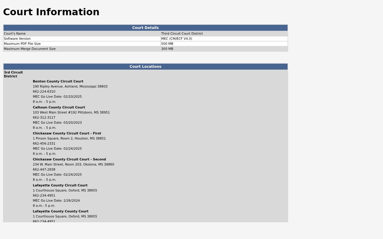 Third Circuit Court District information page covering Chickasaw County warrant and docket status labels