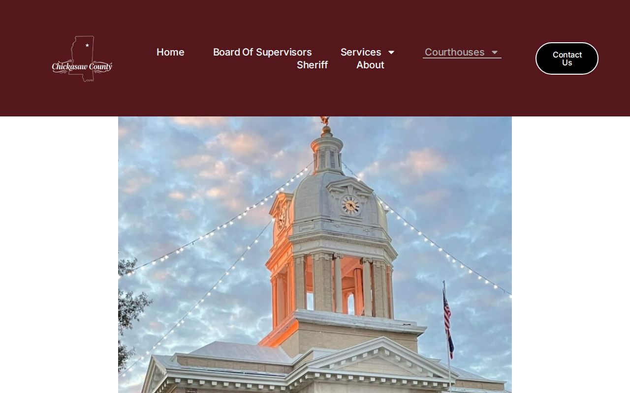 Chickasaw County courthouse page listing the Houston and Okolona district addresses used for warrant records